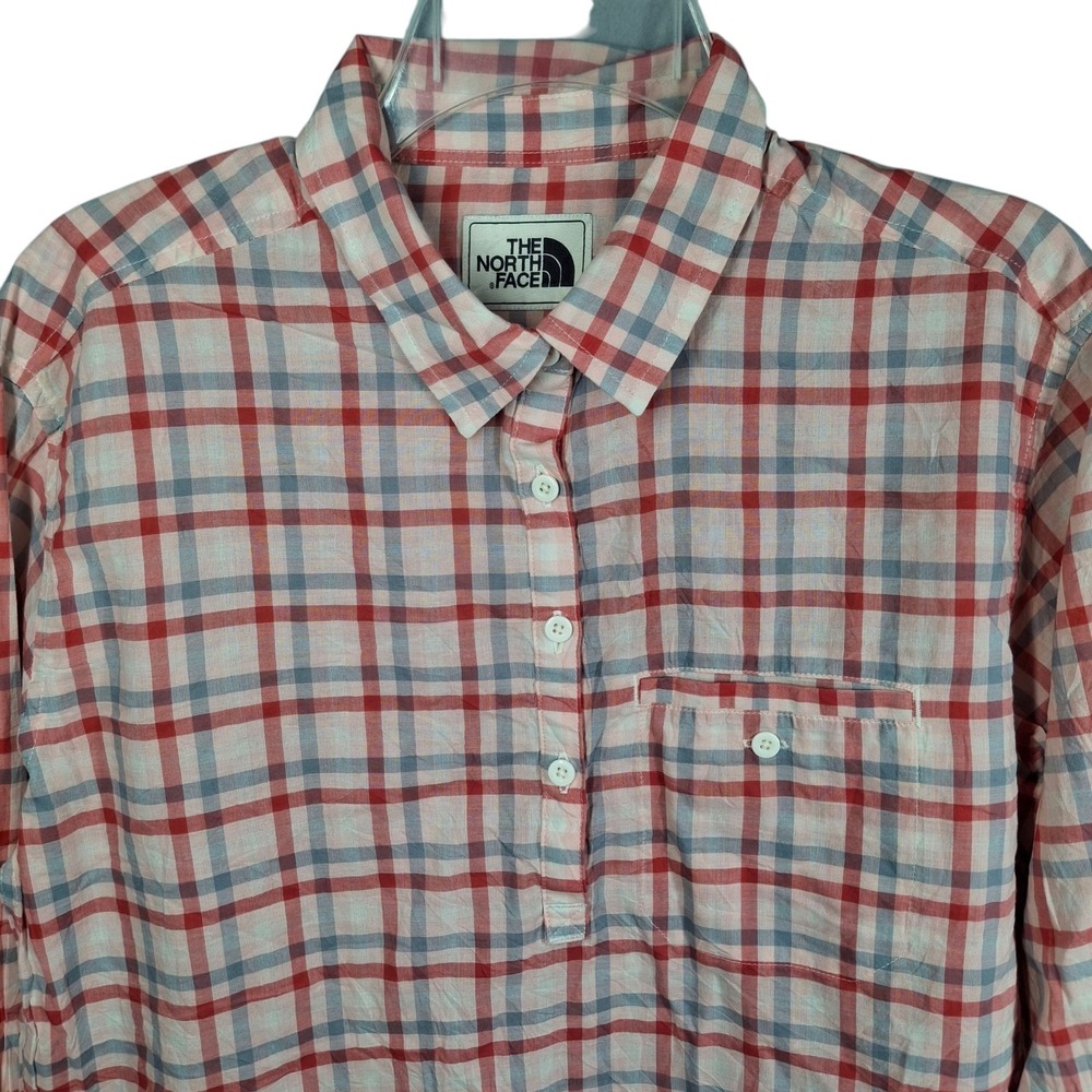 The North Face Shirt Womens Medium Red Blue Plaid Popover‎ Plaid Hiking Casual